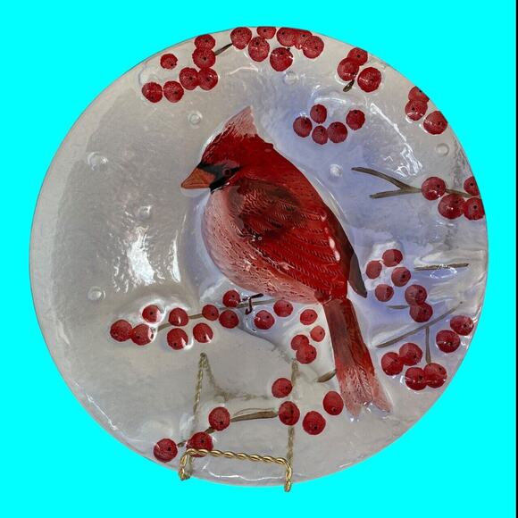 Christmas Red Cardinal & Winter Holly Berries Fused Art Decorative Bowl 13" x 2” - Picture 2 of 9